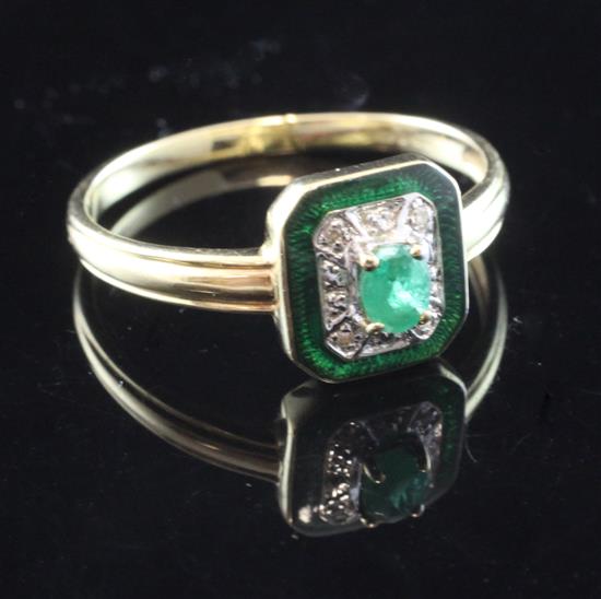 A 14ct gold, emerald, green enamel and diamond set ring, size W.